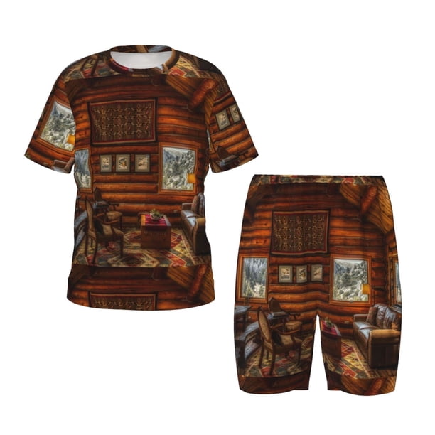 Fotbe Log Cabin Inside Pijama Estampada de 2 Piezas para Niños – Ropa de Dormir de Manga Corta Cómoda para Niños y Niñas, Camiseta y Shorts de Algodón-Medium