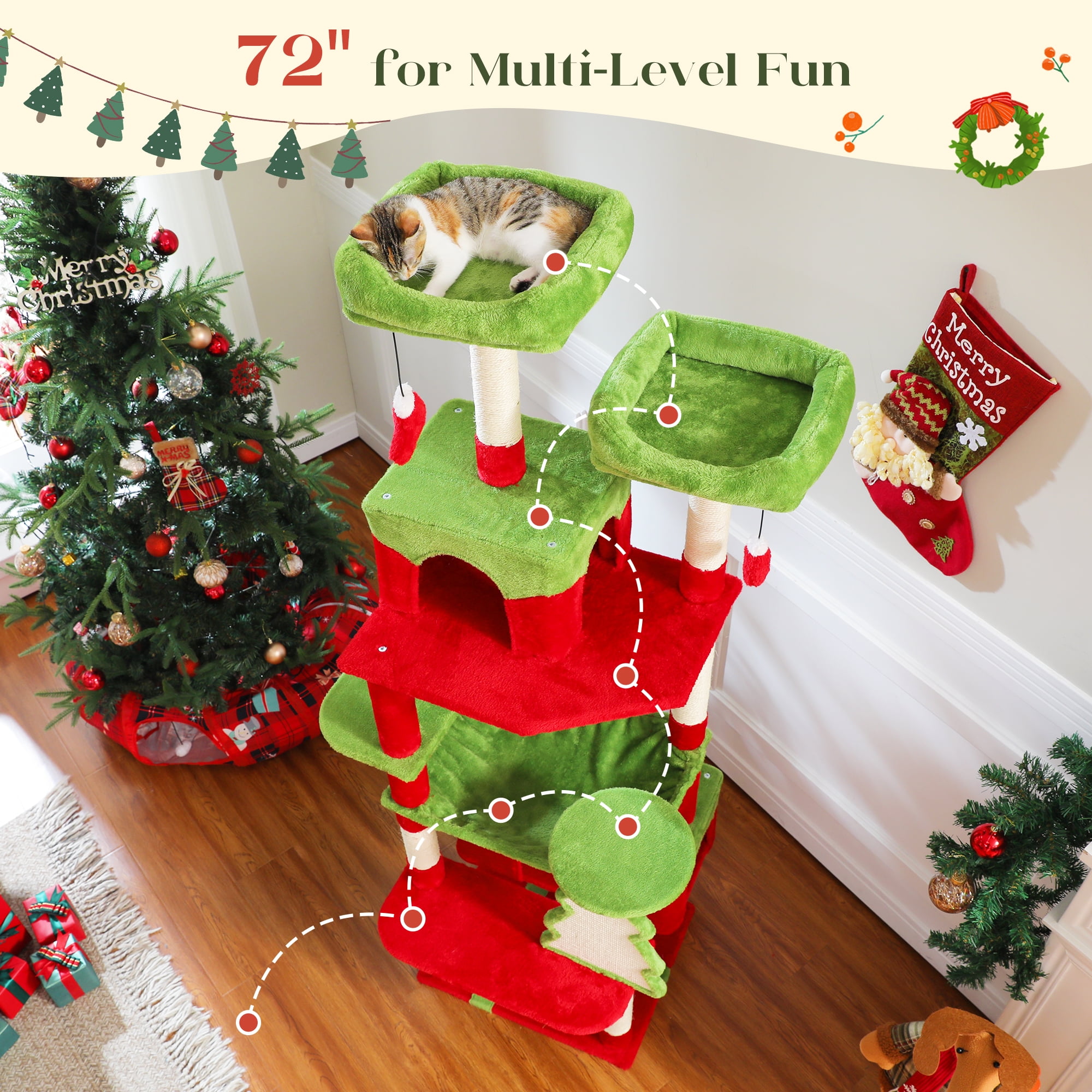 Pawz Road 73" Multi Level Cat tree, Christmas Present for Large Cats, Tall Cat Tower Condo with 7 Scratching Post, Christmas Decor