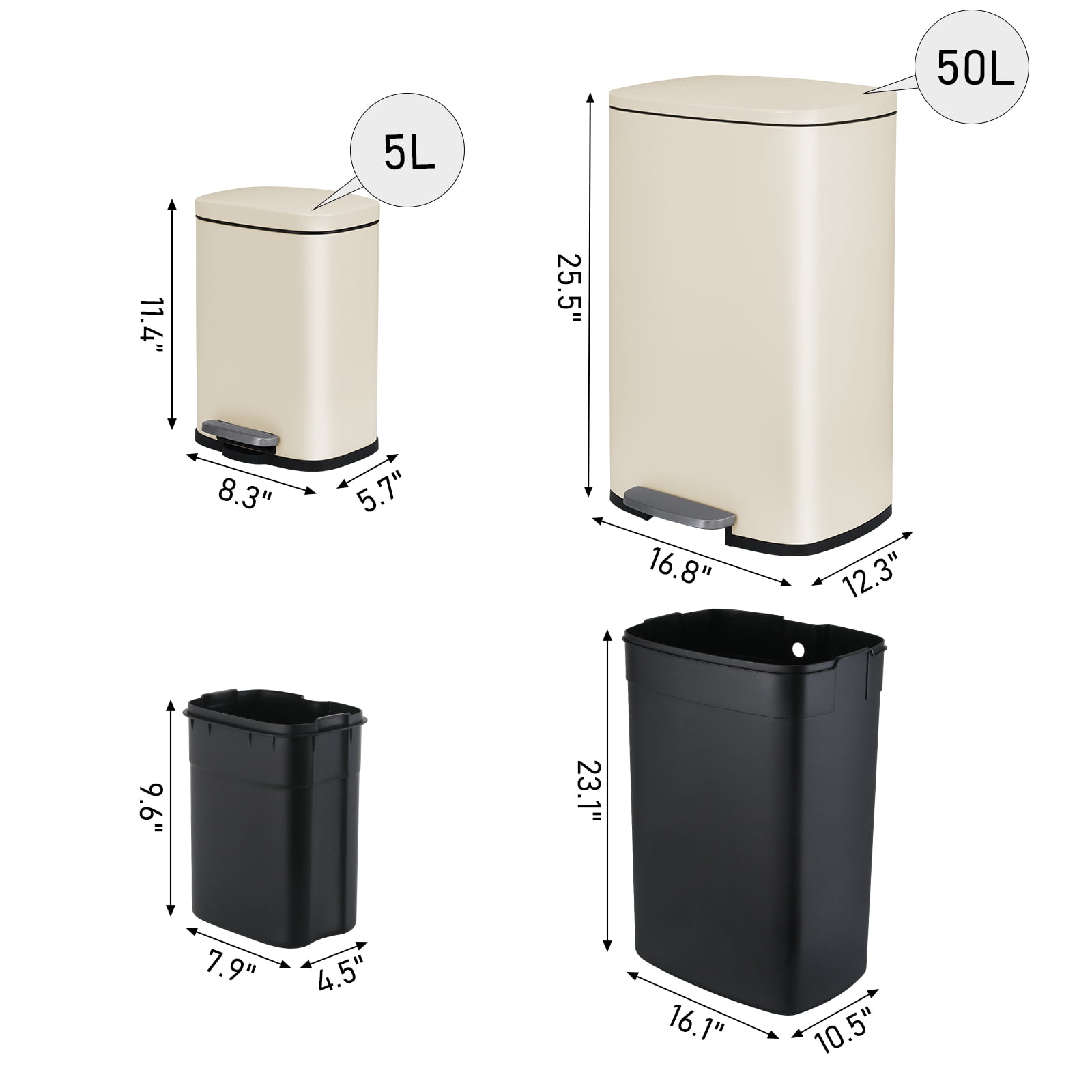 LAZY BUDDY 13.2 & 1.3 Gallon Kitchen Trash Can Combo, Stainless Steel Step Garbage Bin with Lid, Rectangular