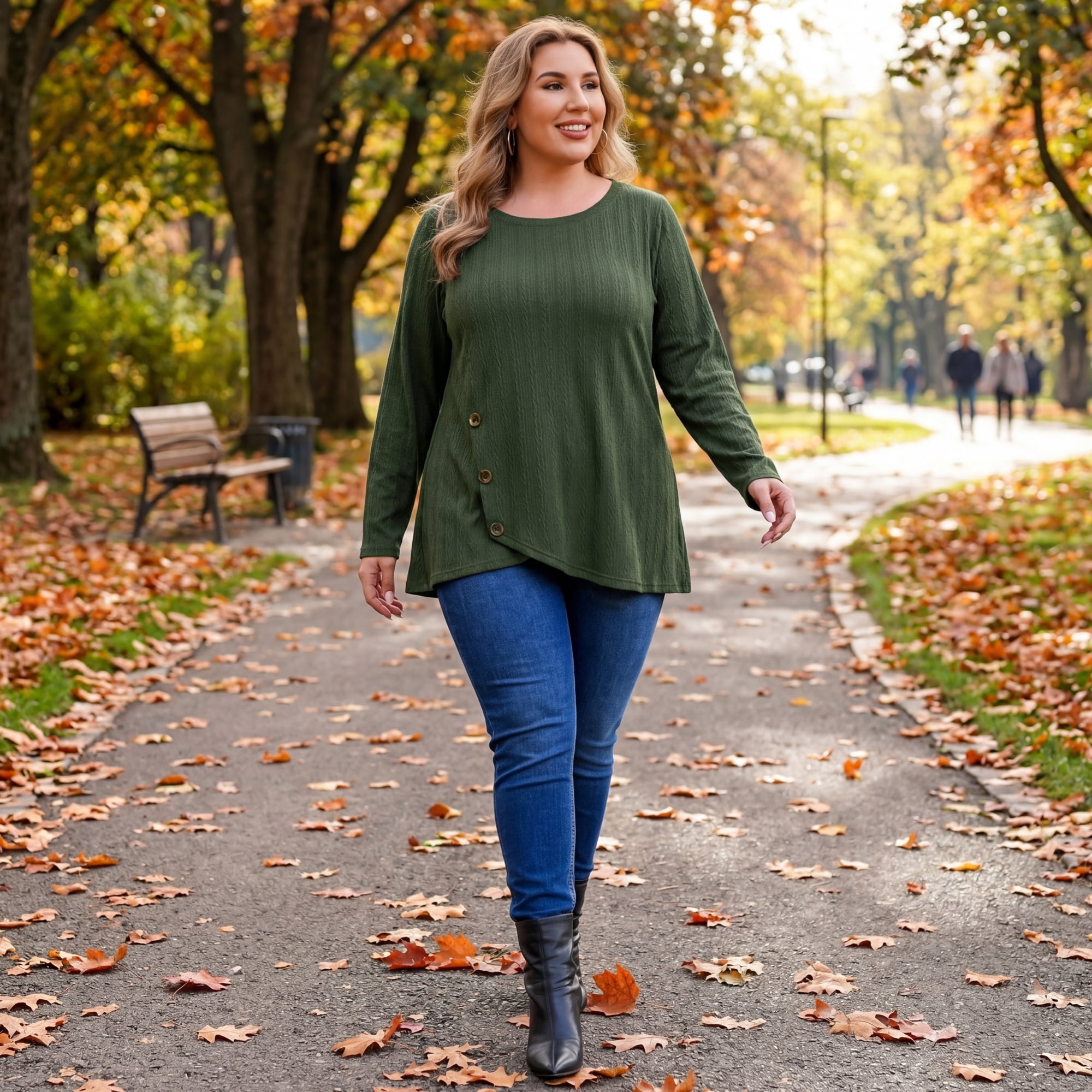 DARING DIVA Women's Plus Crew Neck Crossover Hem Long Sleeve 2X Army Green