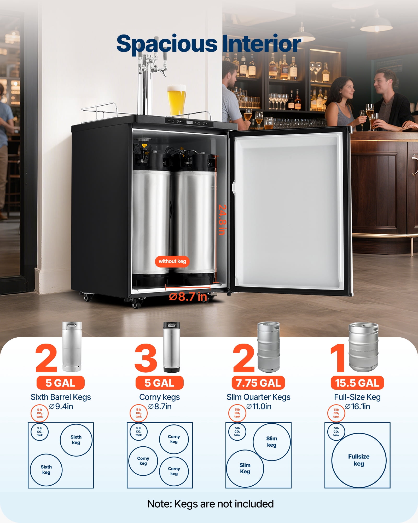 VEVOR Beer Kegerator, Triple Tap Home Draft Beer Dispenser for Ball Lock, Full Size Keg Refrigerator with 5lbs CO2 Tank, Hold 2 Sixth / 2 Slim / 3 Ball lock keg, 162L