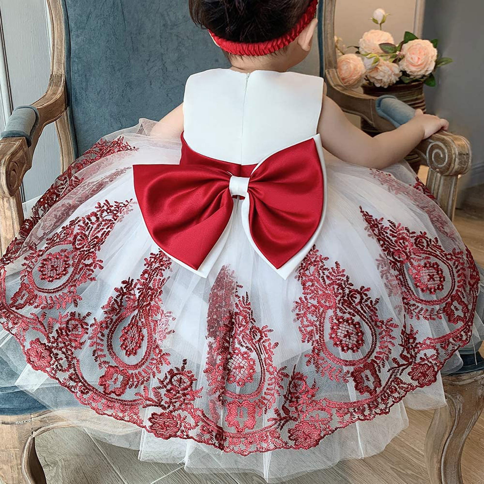 6M-6T Big Bowknot Toddler Baby Girls Backless Party Wedding Ball Gown Princess Lace Dress with Headwear 