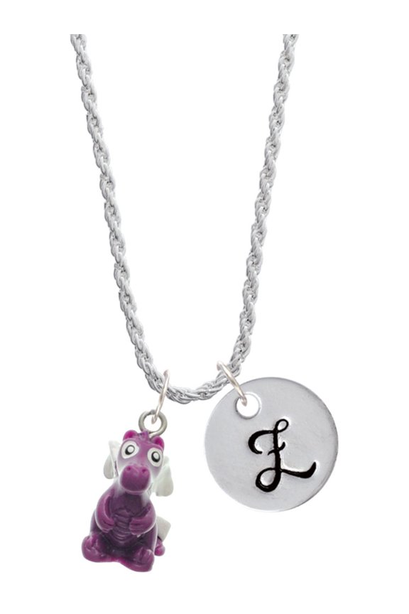 Resin Purple Dragon Darling Silvertone Script Initial Disc - Z - Charm Necklace, 20"+3"