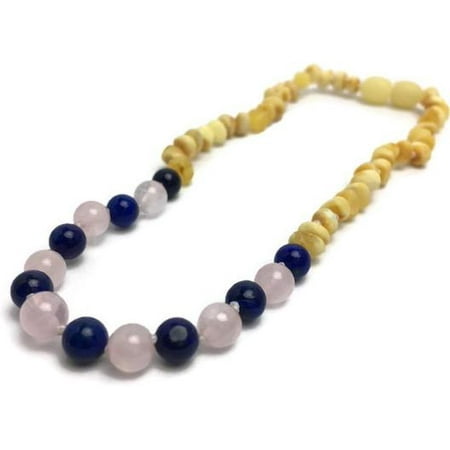 12.5 inch Baltic Amber Necklace Rainbow Raw Milk Amber Pink Rose Quartz Purple Blue Lapis Baby, Infant, Toddler