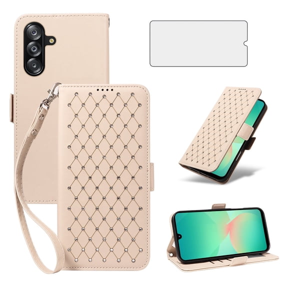 Asuwish Phone Case for Samsung Galaxy A26/A16/A17 Wallet Case, Shiny Leather Wallet Cover with Wriststrap with 45 Card Holder Slots Kickstand Shockproof Case for Samsung Galaxy A26/A16/A17-Beige