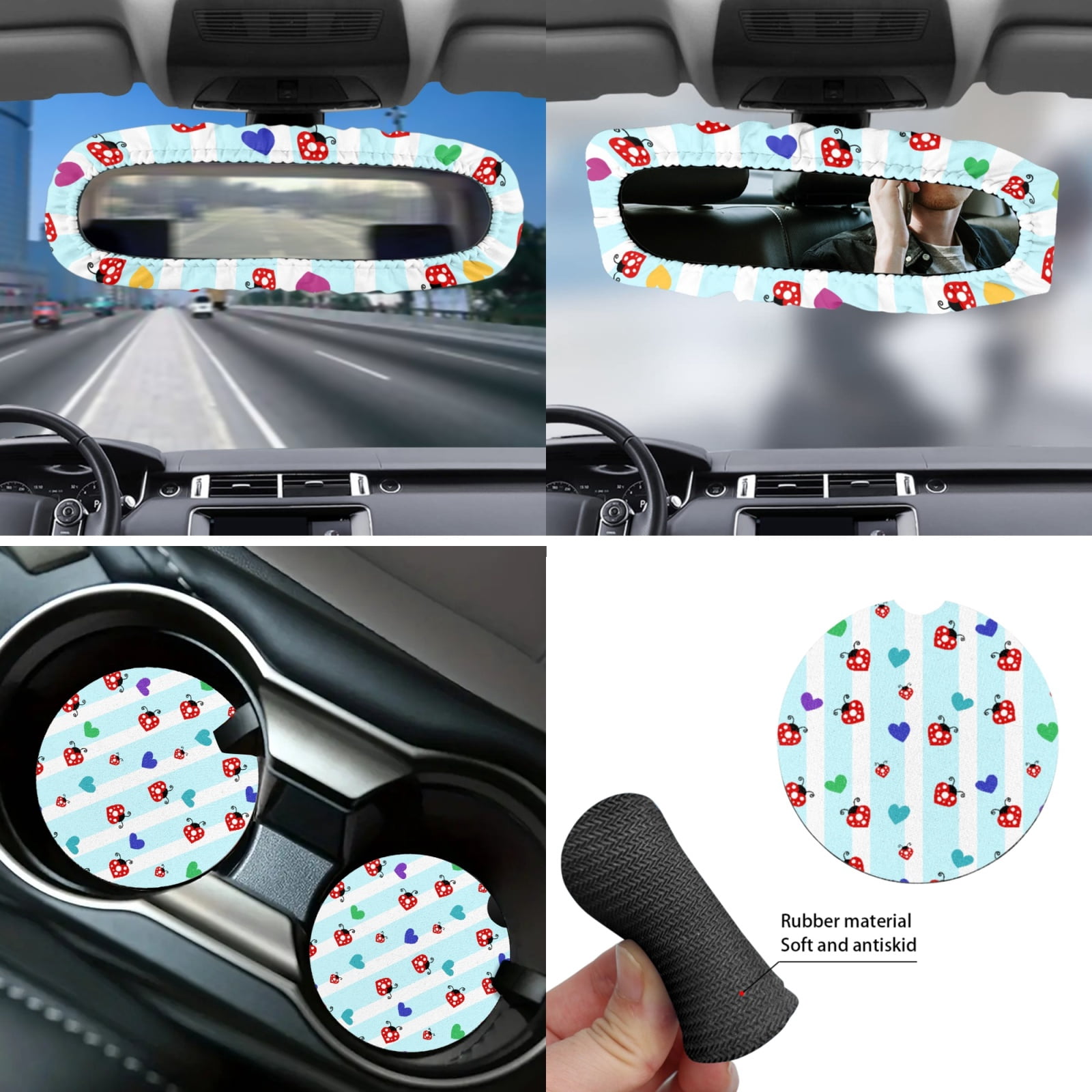 Yuyamidu Ladybug Front Rear Car Seat Covers Full Set of 14 Blue Stripes Steering Wheel Cover Seat Belt Pads Coasters Waste Bin Armrest Cover Cup Holders Rearview Mirror Cover Handbrake Cover Set