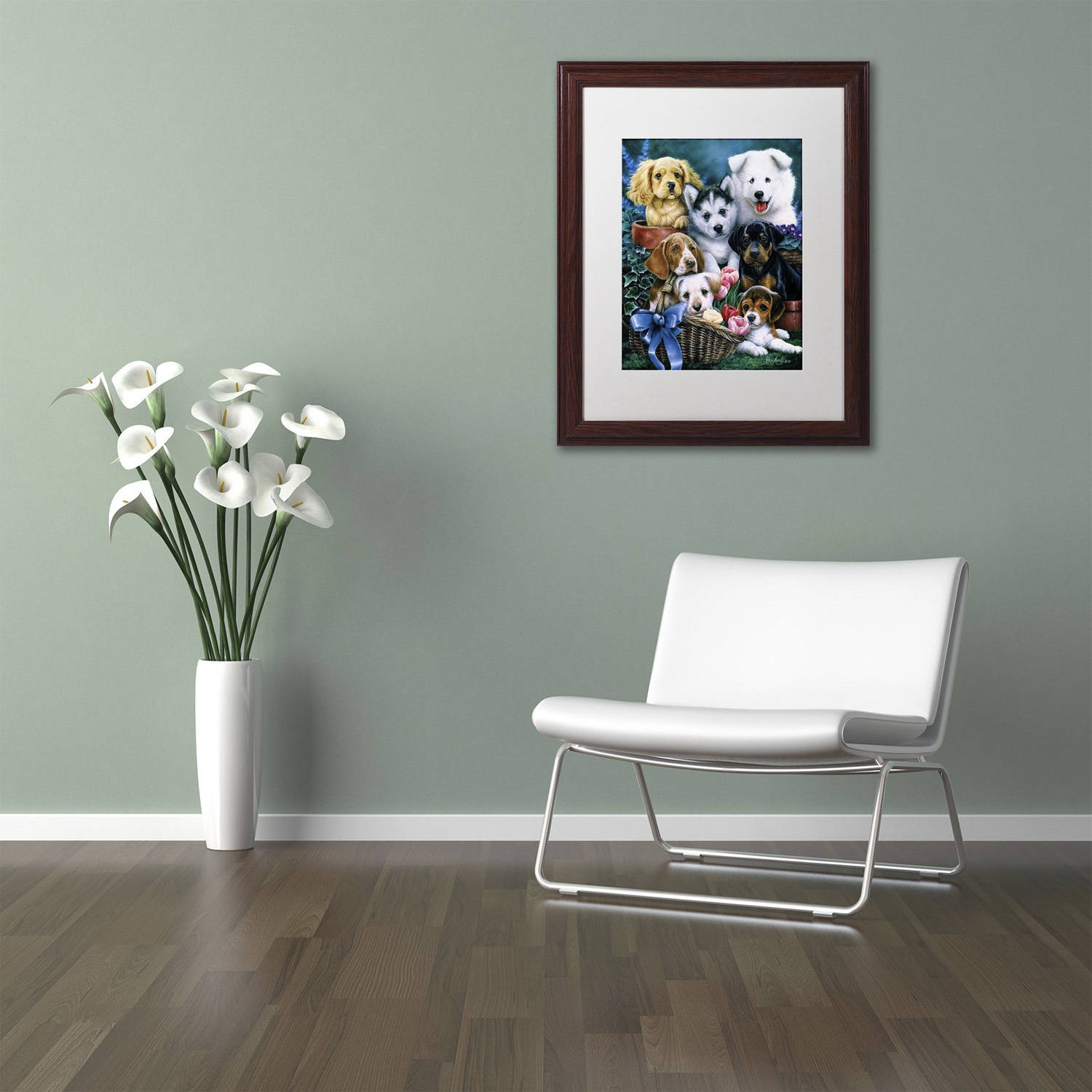 Trademark Fine Art 'Puppies' Canvas Art by Jenny Newland, White Matte, Wood Frame