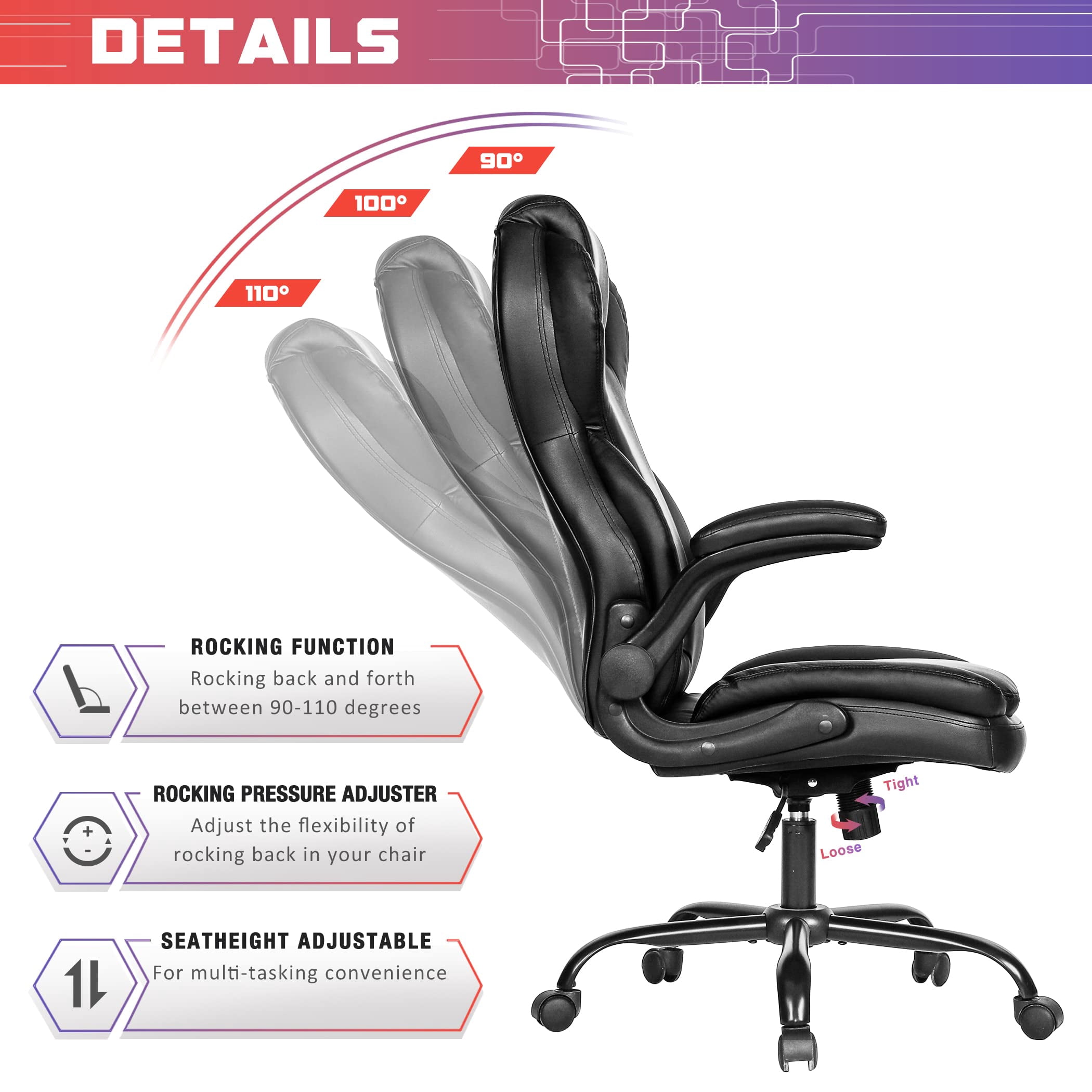JONPONY 500lbs Big and Tall Office Chair Capacity, Ergonomic PU Leather High Back Executive Office Chair with Tilt, Rock Tension Adjustment, Extra Wide Seat, Padded Armrests, Black