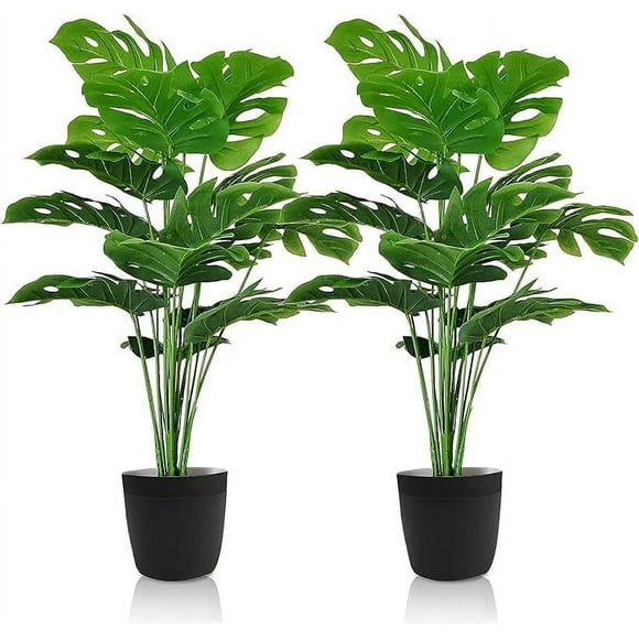 2 Pack Artificial Monstera Turtle Leaf Plants Faux Fake Palm Leaves Tropical Large Palm Tree Leaves Plant Outdoor Uv Resistant Plastic Plants (Green)