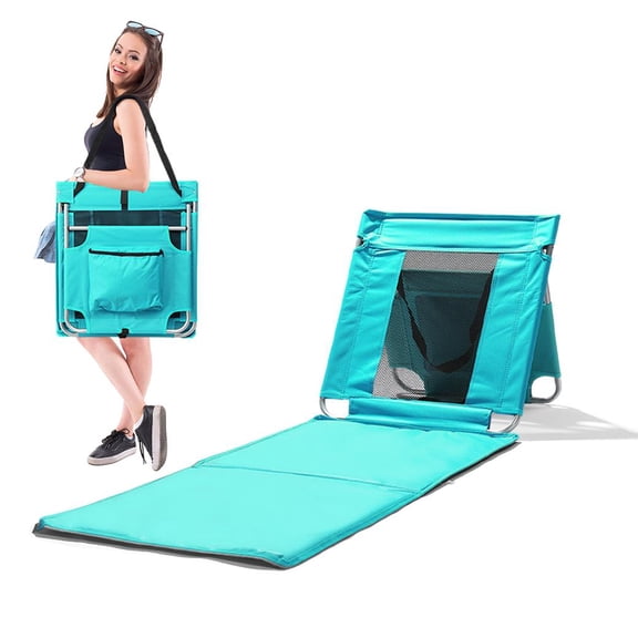 Foldable Beach Lounger Chair, Lightweight Beach Mat with Breathable Mesh Back & Cooler Pocket, Portable Outdoor Tanning Lounge for Beach, Picnic, Garden, Mint Green