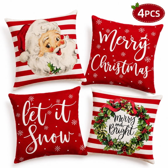 Christmas Pillow Covers 18x18 inch Decoration Farmhouse Throw Pillow Cases Santa Merry Christmas for Home Sofa Couch Decor Set of 4