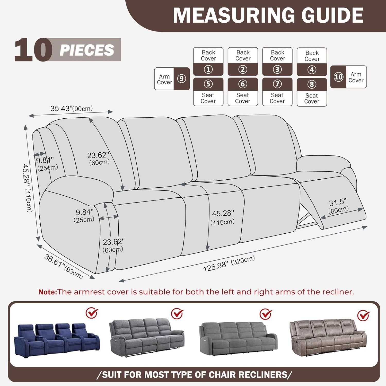Diamond Recliner Sofa Covers 10-Pieces Stretch Large RV Couch Covers for 4 Seats Reclining Slipcovers Soft Solid Furniture Protector (Dark Coffee,4 Seat)