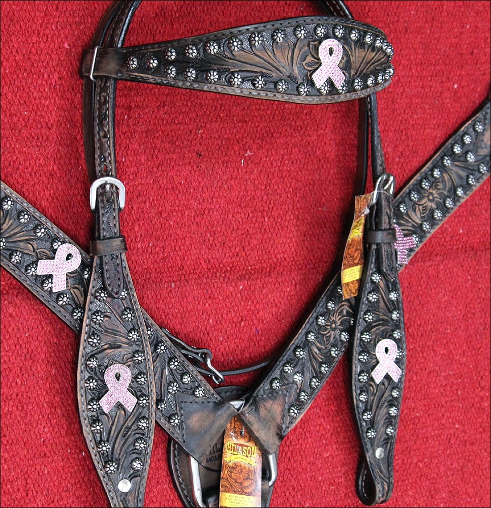 Horse Western Headstall Breast Collar Set Leather Breast Cancer Concho