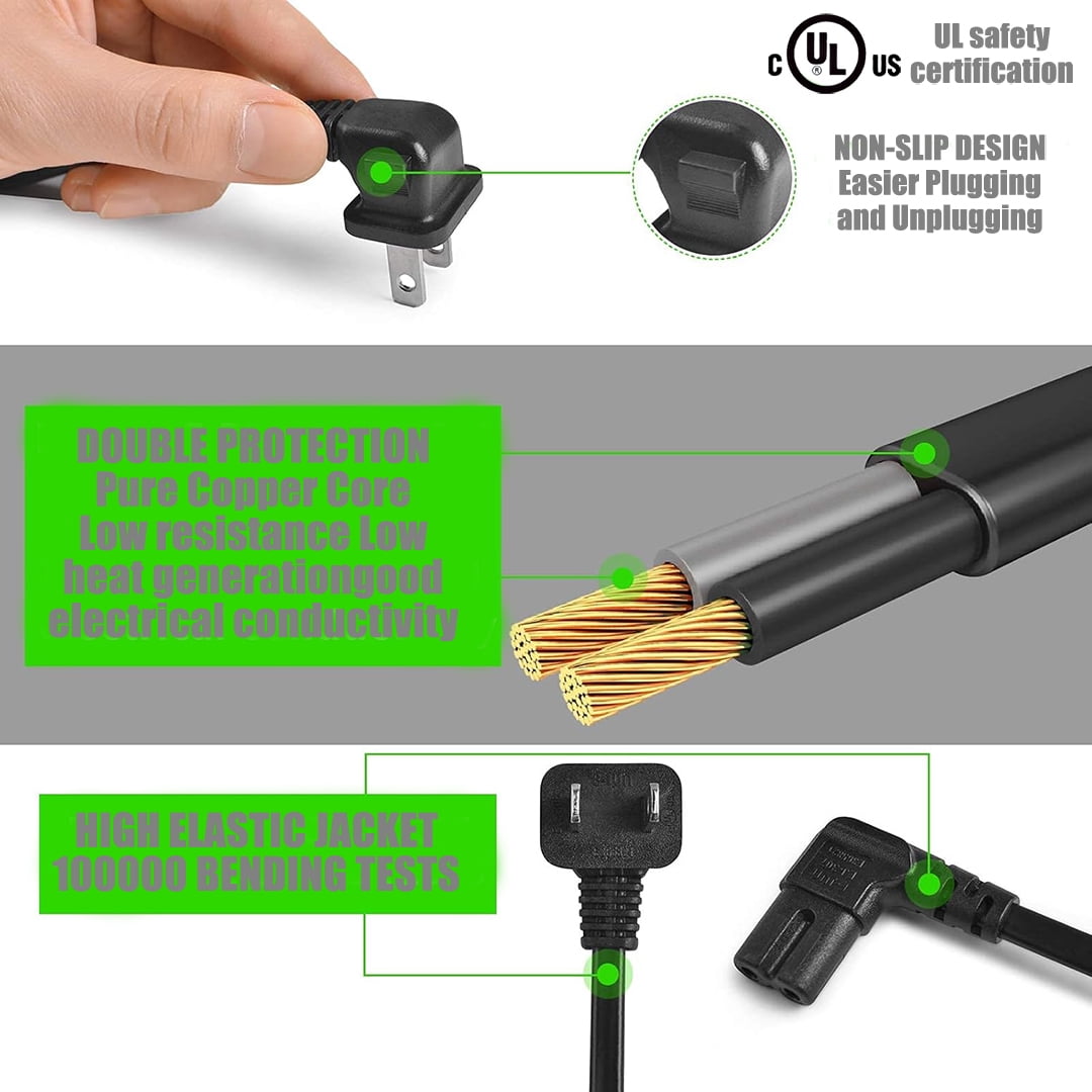 NEMA 1-15P to IEC 320 C7 Right Angle Power Cord, 90 Degree Polarized 8-Figure AC Power Cable [2FT, 18AWG] for PS5, Xbox, Monitor, TV, Projector, PC, Printer, Speaker - UL/ETL Listed, Flexible (0.6M)