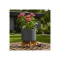 thumbnail image 3 of Ceramic Matte Planters with Wood Stand for Home Decor Accent  Decorative Flower Pots for Tabletop, Entryway, Patio, and Garden - Raised Pots Container for Indoor and Outdoor Plants - 9", Gray & Tan, 3 of 14