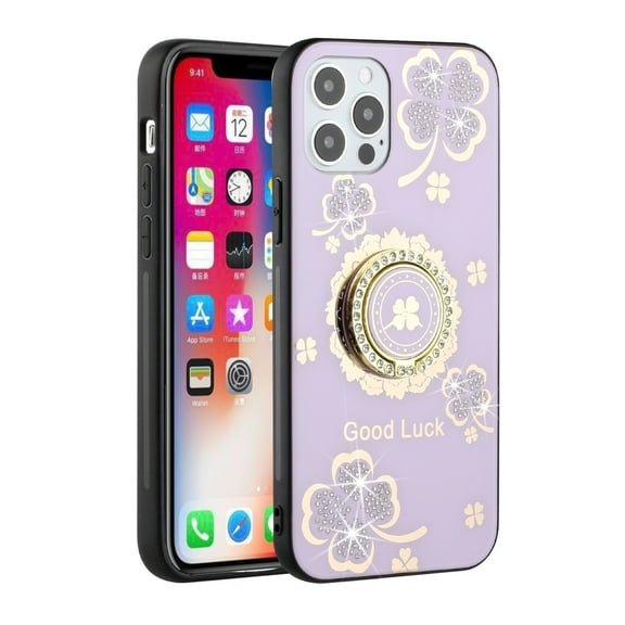 Designed for Apple iPhone 15 Plus (6.7") Diamond 3D Bling Sparkly Glitter Ornaments Engraving Hybrid Ring Stand Fashion Phone Case Cover [Purple Good Luck Floral]