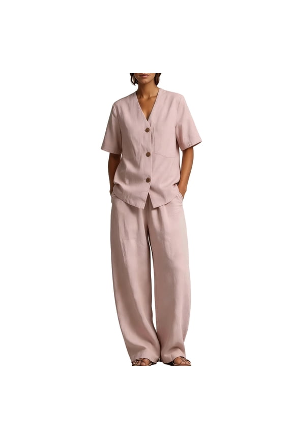 Linen Women 2 Piece Vest Pants Suit Set Casual Cool Summer Outfits Wide Leg Suits