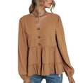 thumbnail image 1 of Blusa de las mujeres manga larga color puro V Masajeadores cuello botón decoración dobladillo con volantes camisa superior para el hogar caqui L, 1 of 8