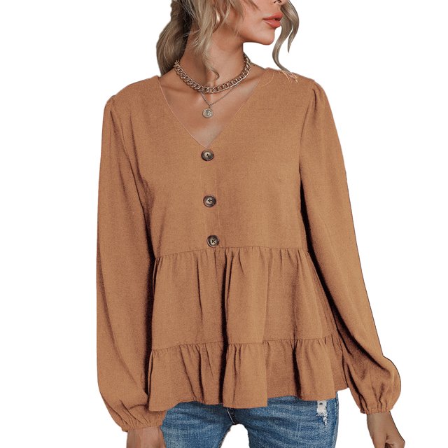 Blusa de las mujeres manga larga color puro V Masajeadores cuello botón decoración dobladillo con volantes camisa superior para el hogar caqui L