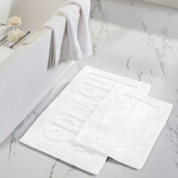 Modern Threads 2 Pack 100% Cotton Bath Mat, 17" x 24" & 21" x 34", "SPLASH", White