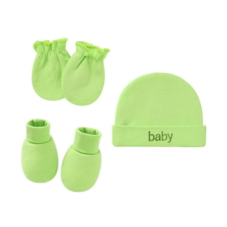 

YWDJ 1 Set Hat Solid Color Anti-Grabbing Cotton Gloves Hat Foot Cover Three-piece For Newborn Mint Green One Size