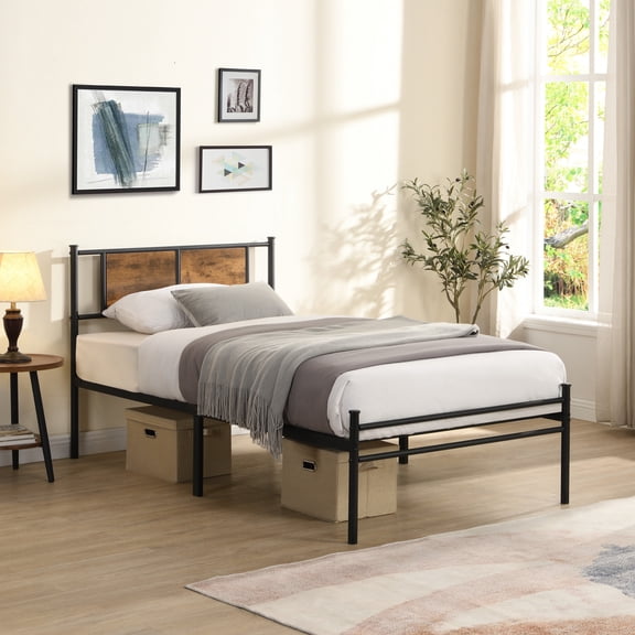 Twin Size Heavy Duty Metal Bed Frame, Platform Bed with Wood Headboard and Under Bed Storage, No Box Spring Needed, Black