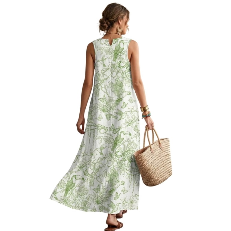Xixirimido Toile de Jouy Green Print Women Maxi Dresses Casual Summer Dresses Tank Long Flowy Sleeveless Sundresses with Pockets Beach Vacation