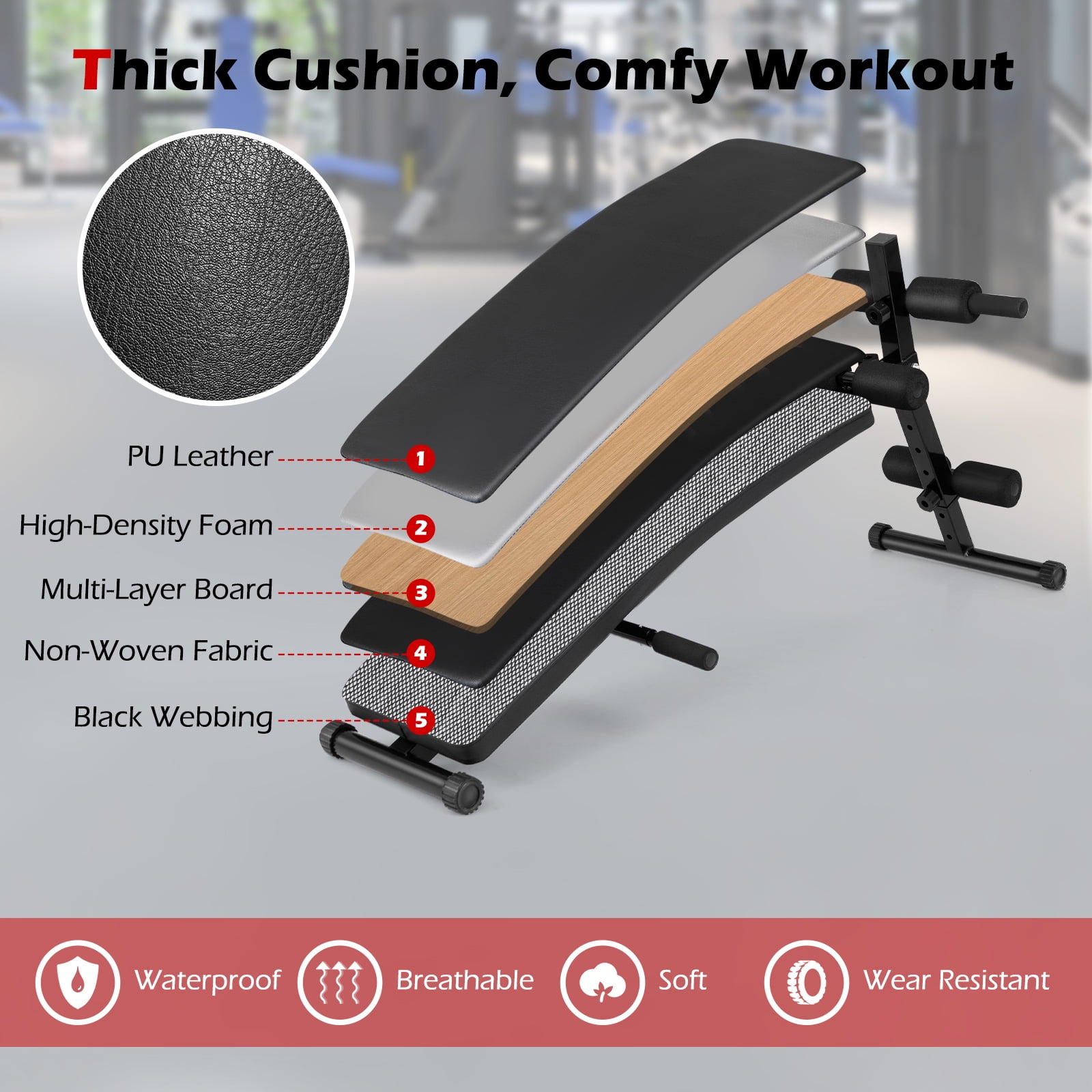 Topbuy Adjustable Decline Sit-Up Bench for Home Gym Foldable Workout Bench with Thick Seat Cushion for Full Body Exercise
