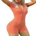 thumbnail image 1 of Summer Fall Girl Rib Knit Romper Female Solid Short Sleeve Zip V Neck Slim Jumpsuit Women Homewear Orange M, 1 of 4