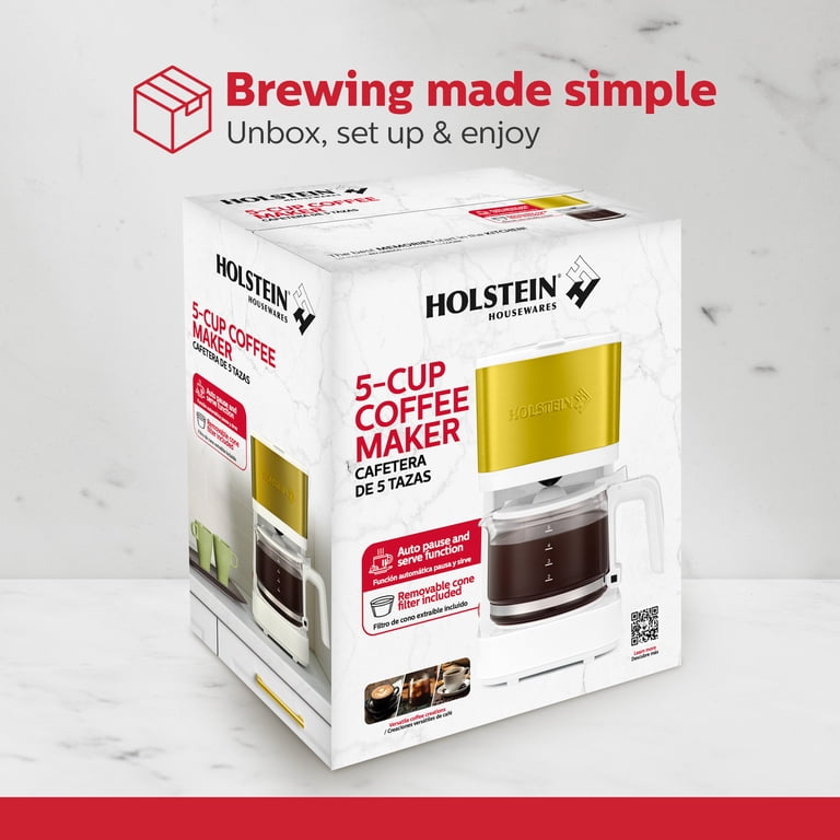 Holstein Housewares 5-Cup Coffee Maker - Pause N Serve, One-Touch  Operation, Non-Stick Warming Plate, Water Level Indicator - Reusable Filter  - Compact Design - White and Gold - Walmart.com