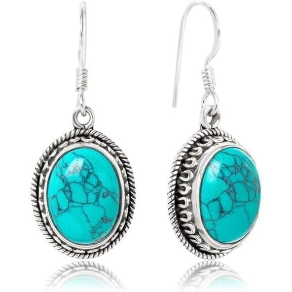 Turquoise Dangle Earrings For Women | 925 Sterling Silver | Gemstone Birthstone | Oval Shape 8x10MM | Fine Jewelry Gifts for Her Mom Women Wife