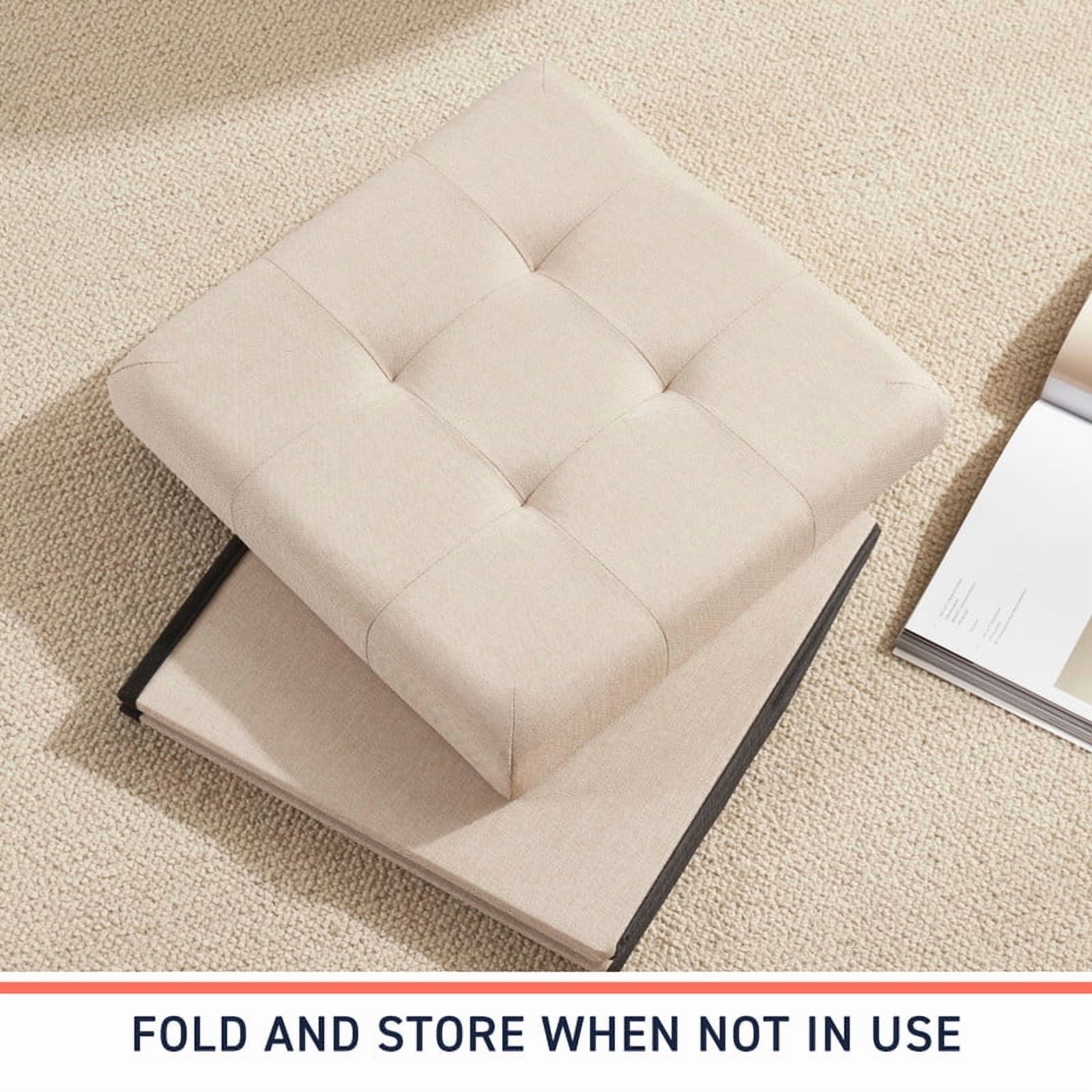 Ornavo Home 2 Pack 15 Inch Folding Storage Ottoman with Storage, Square Cube Linen Small Storage Ottoman Foot Rest Stool - Beige