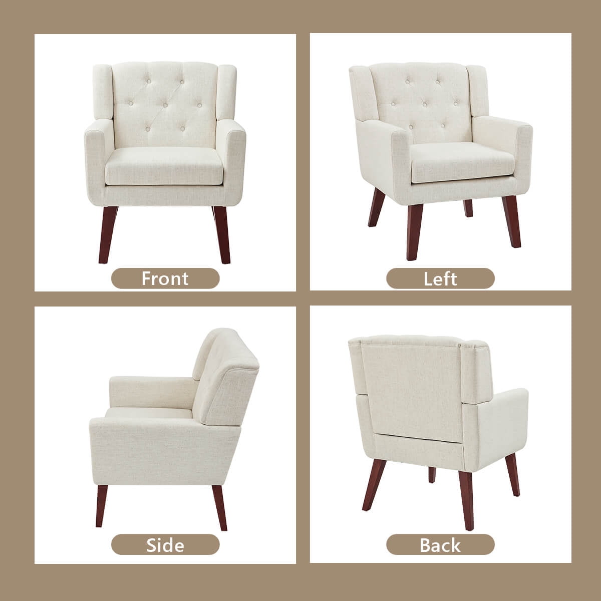 Accent Chair, Comfy Upholstered Mid Century Modern Armchair, Button-Tufted with Linen Fabric Lounge Arm Chairs for Living Room Bedroom (Beige)