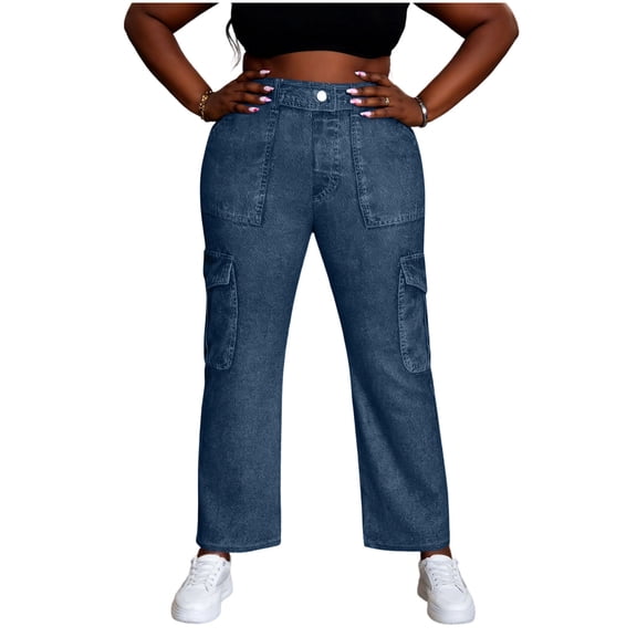 GUACER Womens Cargo Jeans Fashion Solid High Rise Classic Button Pockets Faux Denim Loose Wide Leg Pants