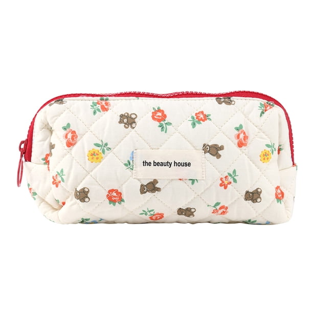 Bolsa de cosméticos Algodón Lindo Oso Floral Dibujos animados Organizador de viaje Maquillaje (L)