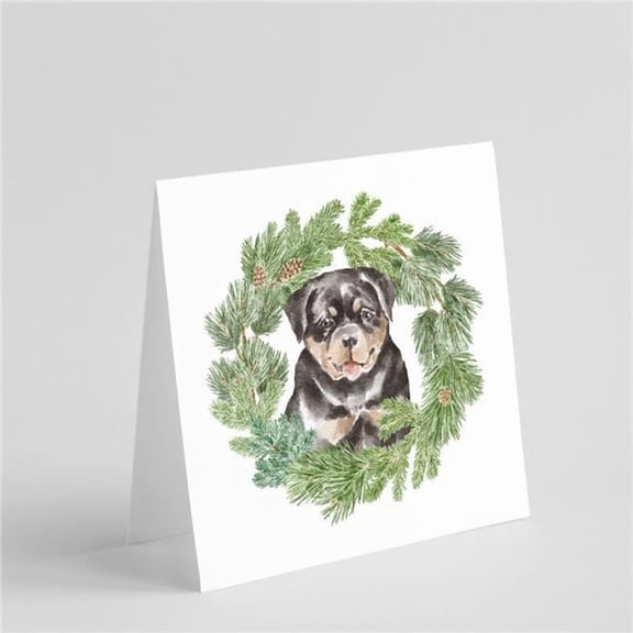Rottweiler Puppy with Christmas Wreath Square Greeting Cards and Envelopes Pack of 8 5 in x 5 in