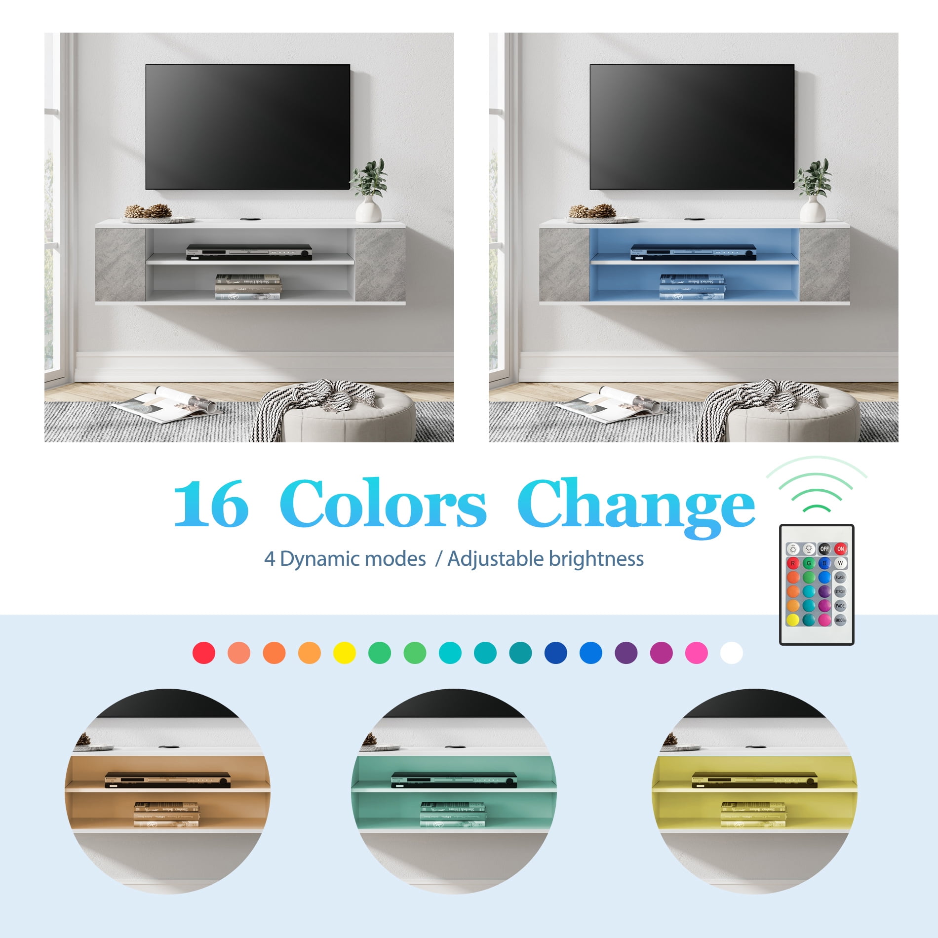 16-Color Light Floating TV Stand Wall Mounted, Modern Floating Media Storage Shelves TV for Wall, 39.3 inch, White&Grey