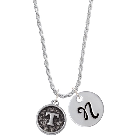 Delight Jewelry Silvertone Antiqued Round Seal - Initial - T - Silvertone Script Initial Disc - N - Charm Necklace, 20"+3"