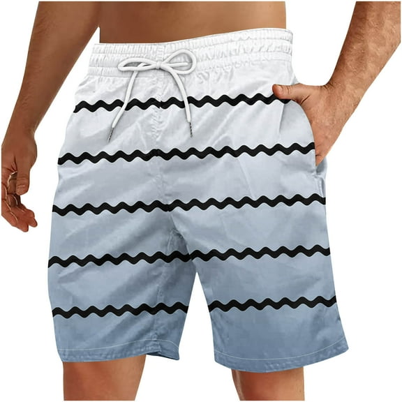 WAVSUF Summer Drawstring Shorts for Mens Elasticity Short Pants Stripe Light Blue Size L