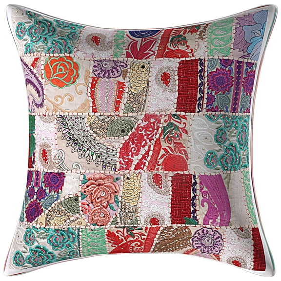 Stylo Culture Indian Decorative Sofa Cotton White Large Throw Pillow Covers 24x24 Patchwork Vintage Sofa Throw Pillow Covers Abstract Floral 60x60 cm Cushion Covers (1 Pc)