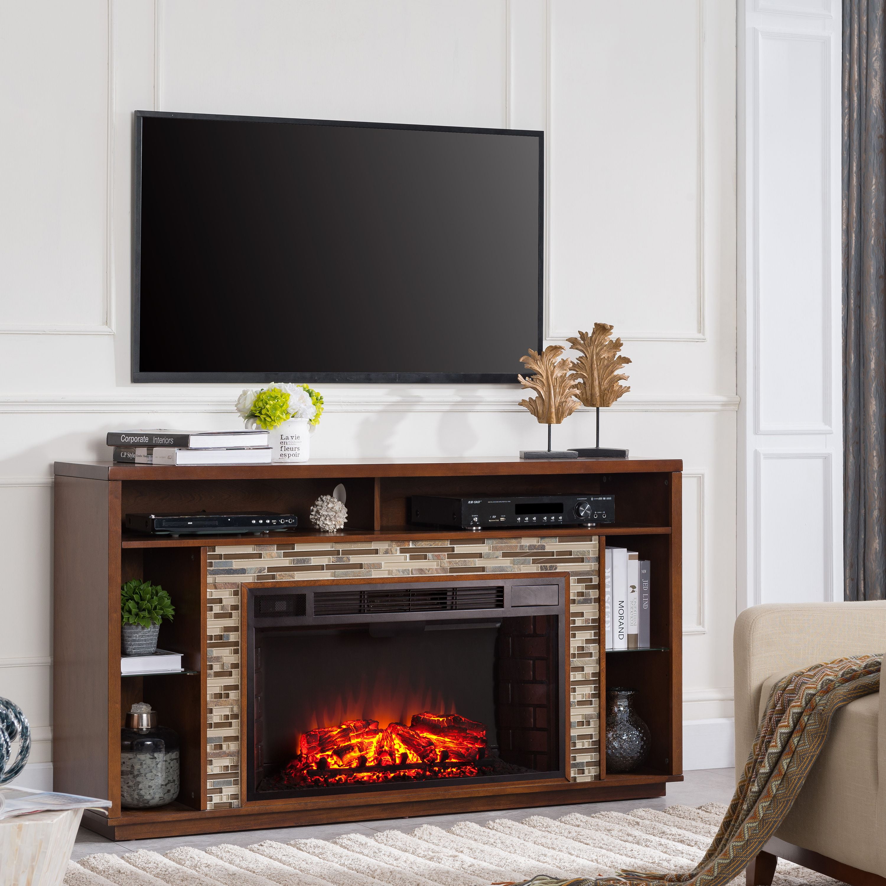 Coleman Glass Tiled TV Stand Fireplace Transitional Whiskey Maple |  centenariocat.upeu.edu.pe