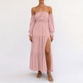 thumbnail image 4 of Dolkfu Long Sleeve Going Out Dresses Pink Boat Neck Pull-on Refined Sundress Maxi Relaxed Fit Solid Retro Vintage Dresses Pink,L, 4 of 6