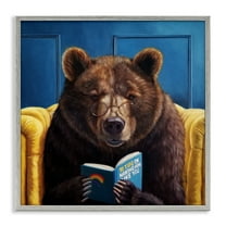 Stupell Industries Brown Bear Reading Dating Book Animals & Insects Painting Gray Framed Art Print Wall Art, 24 x 24