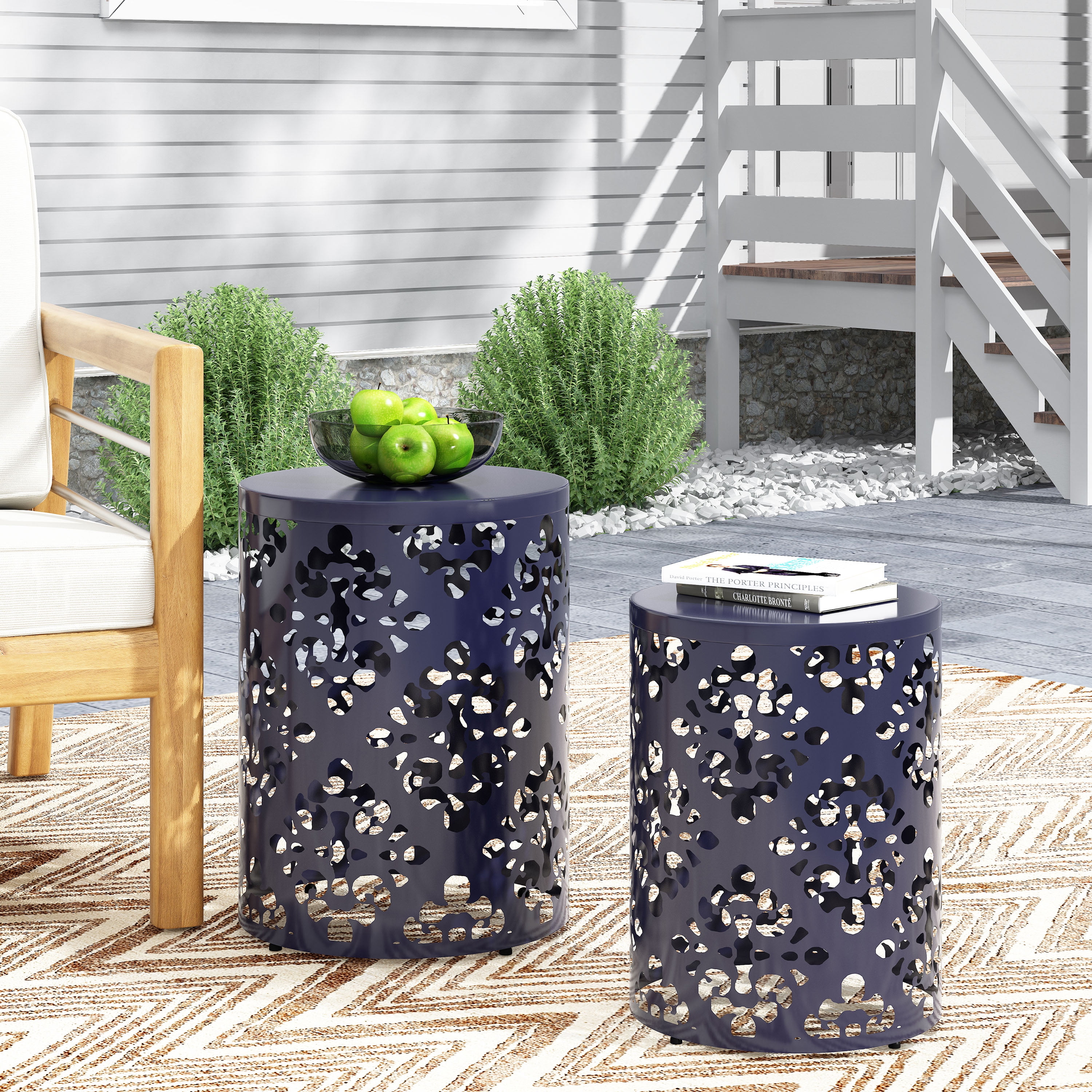 Outdoor Nesting Side Table Set of 2, Cylindrical Floral Pattern Structure for Patio Garden, Navy Blue