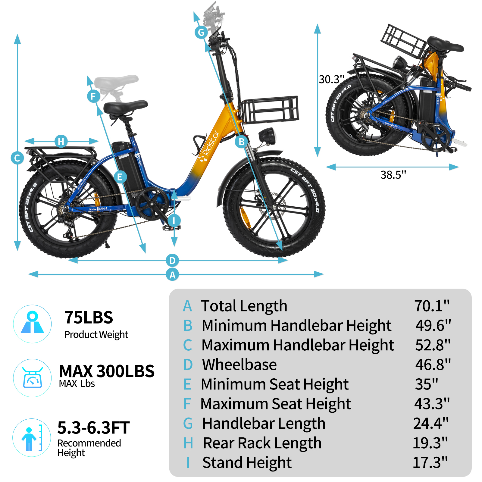 Ridstar Eletric Bike for Adults 1000W 48V 15Ah Removable Battery 20'' Fat Tire Folding Commuting E-Bike Shimano 7-Speed Mountain Bike UL2849