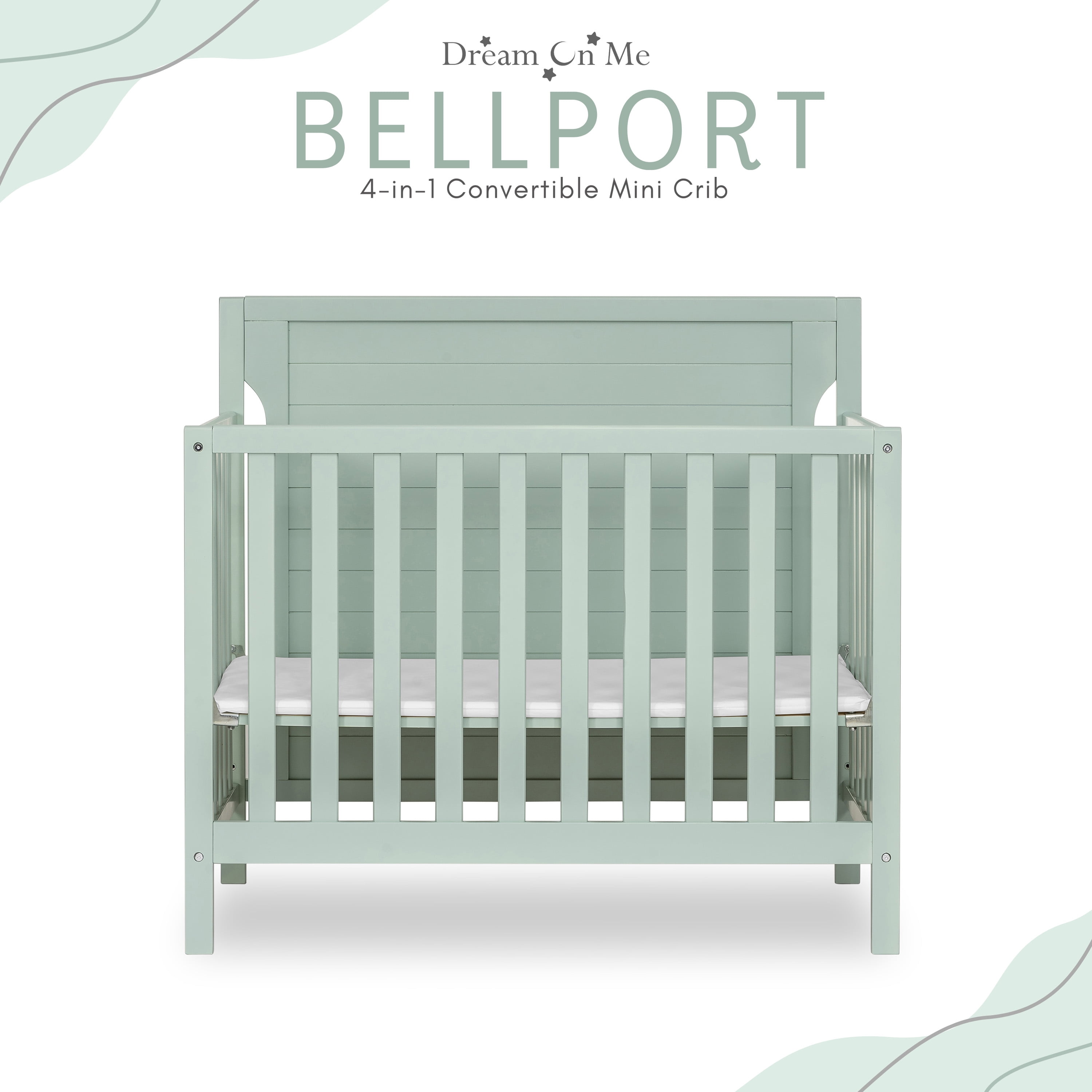 Dream On Me Bellport 4 in 1 Convertible Mini/Portable Crib in Light Seafoam Green, Non-Toxic Finish, Made of Sustainable New Zealand Pinewood, with 3 Mattress Height Settings
