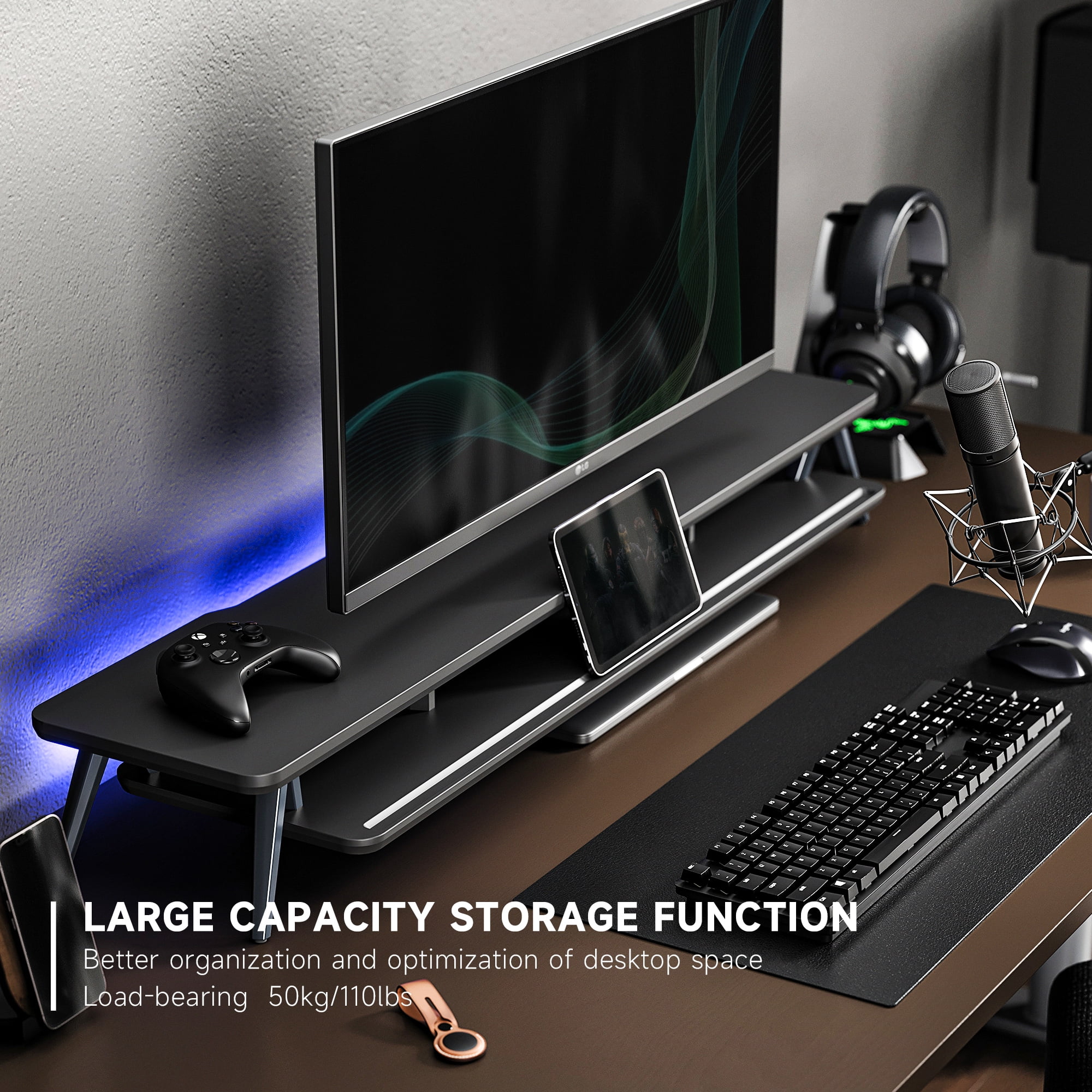 Dual Monitor Stand, 42.5 Inch Wood Desk Shelf with Storage Organizer and Cable Management for Office Desk Accessories