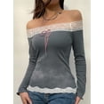 thumbnail image 2 of KelaJuan Women Fitted Crop Tops Lace Patchwork Off-Shoulder Long Sleeve Shirt Casual Pullovers for Streetwear Aesthetic Clothes, 2 of 6