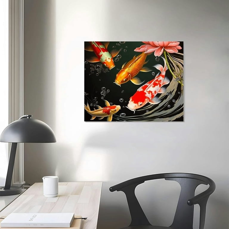 PIKWEEK 3 Piece Nine Koi Fish Canvas Painting Wall Art Feng Shui