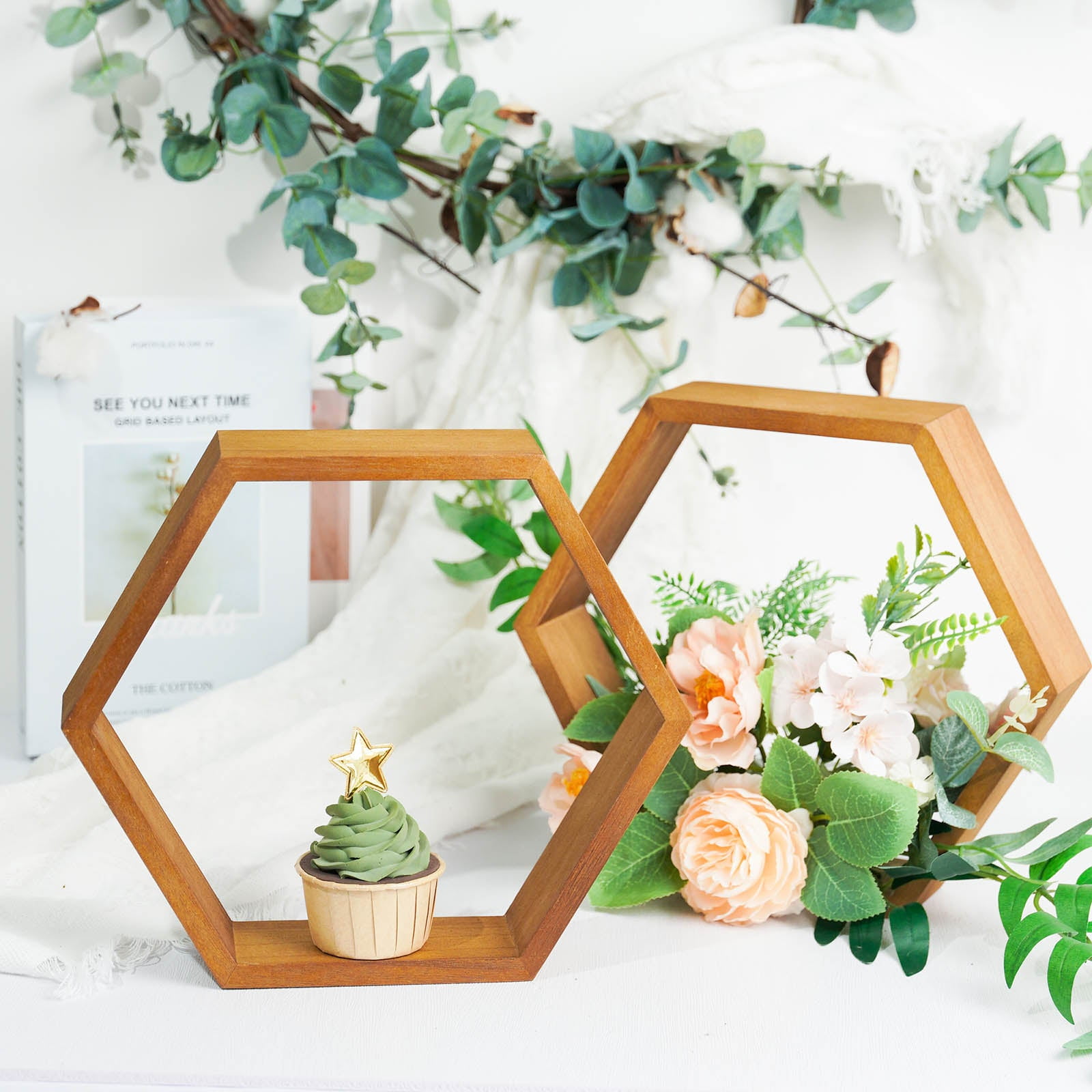 Efavormart 2 PC | 9" Tall Hexagon Rustic Wood Centerpiece | Natural ...